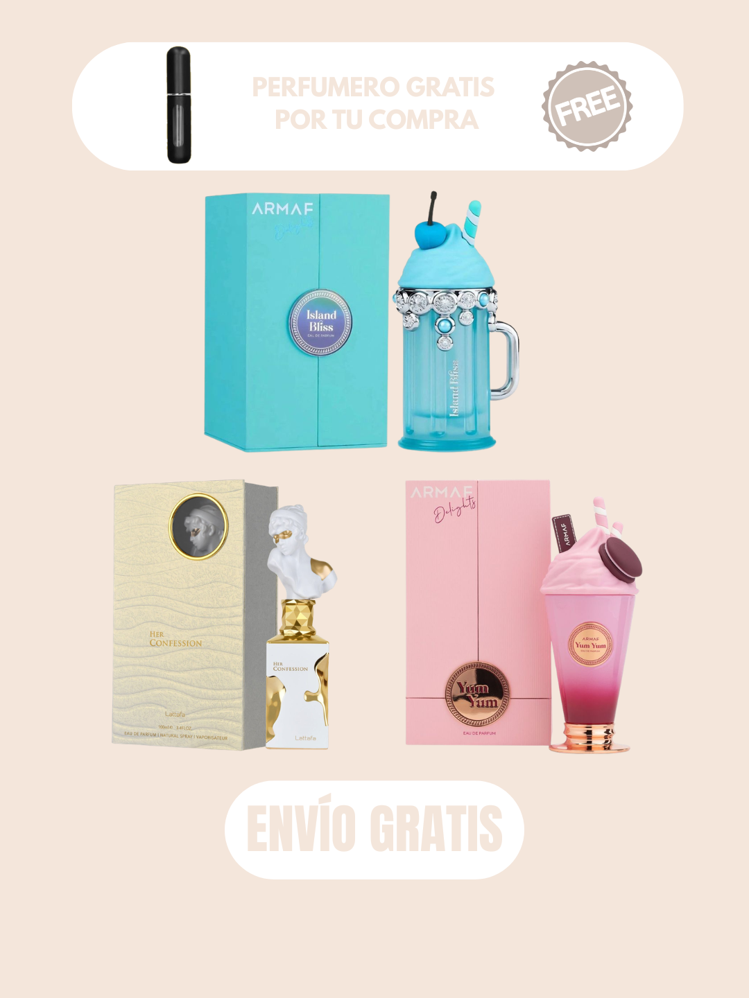 3 PERFUMES + 1 OBSEQUIO (Island Bliss - Her Confesion - Yum Yum + 1 Perfumero)