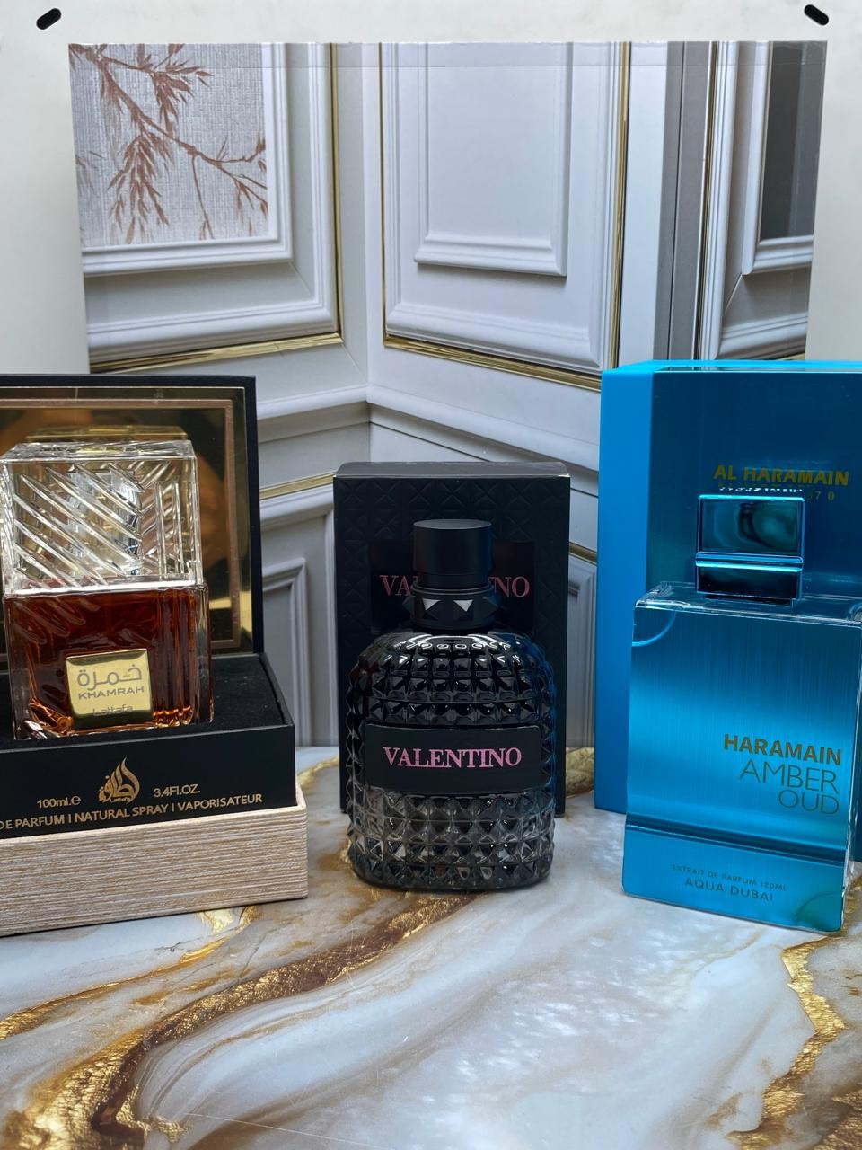 3 PERFUMES + 3 OBSEQUIO (Khamrah - Born in roma - Aqua Dubai Haramain + 3 Perfumero)