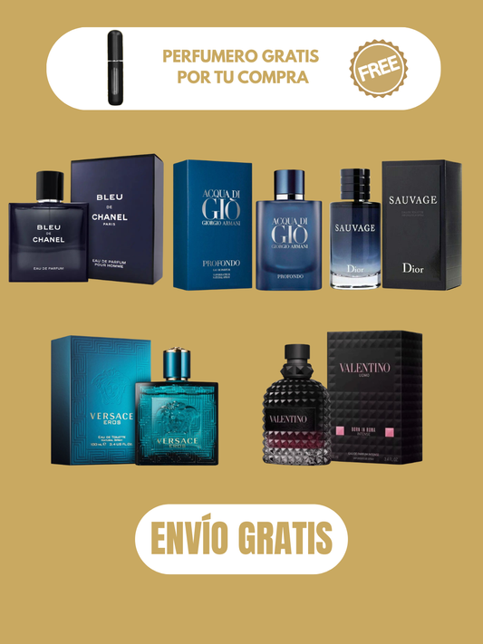 5 PERFUMES + OBSEQUIO (Eros - Born in roma intense - Sauvage - Bleu - Acqua di gio profondo + 3 Perfumeros)