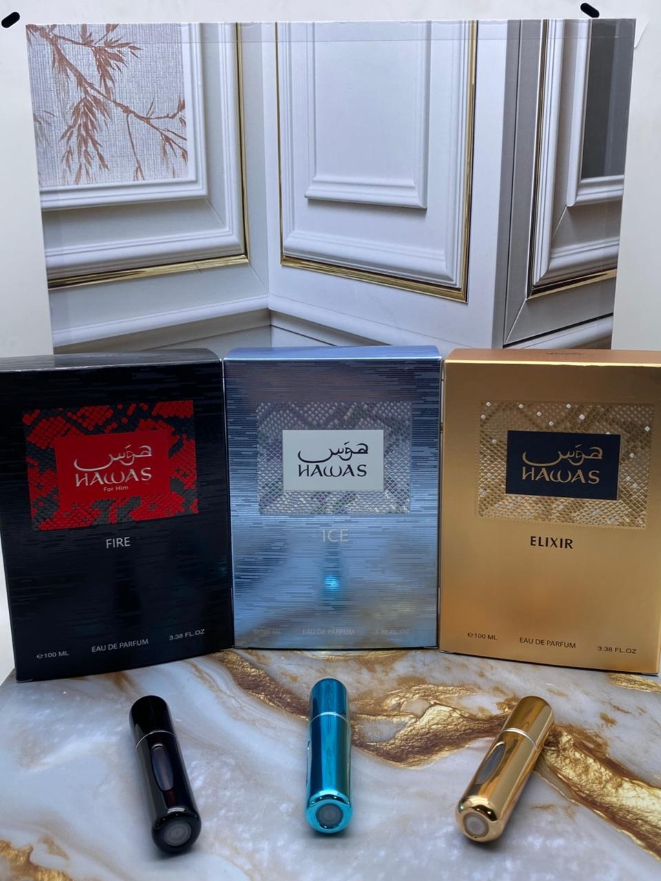 3 PERFUMES + 3 OBSEQUIO (Hawas Ice - Hawas Elixir - Hawas Fire + 3 Perfumero)