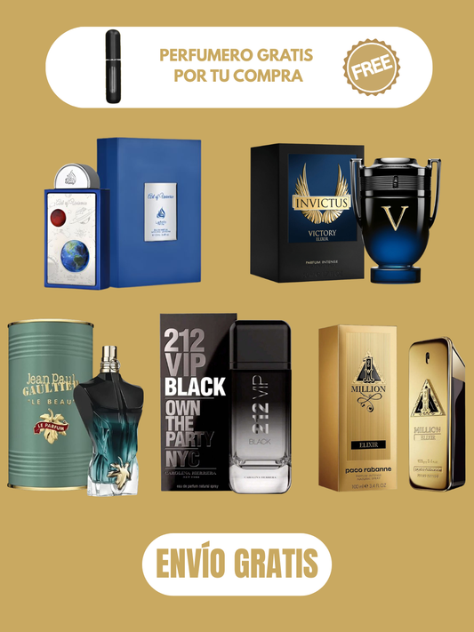 5 PERFUMES + OBSEQUIO (Art Of Universe - Invictus Victory Elixir - Le beau Le Parfum - One Million Elixir - 212 Vip Black + 1 Perfumero)