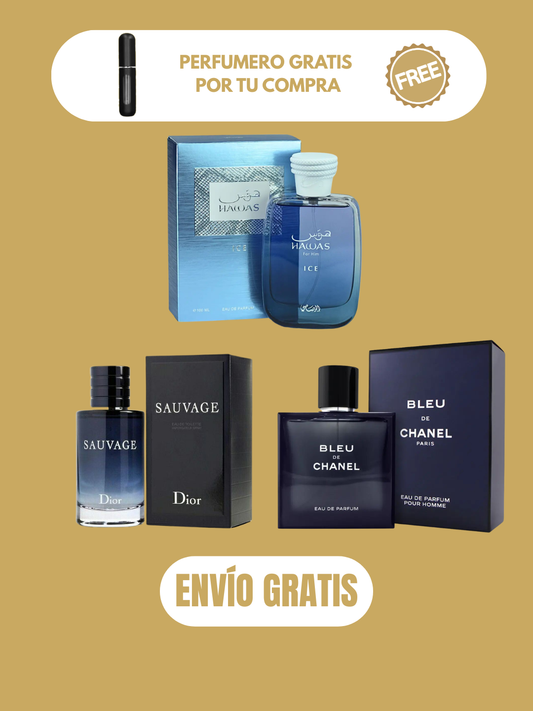 3 PERFUMES + 1 OBSEQUIO (Hawas Ice - Bleu - Sauvage + 1 Perfumero)