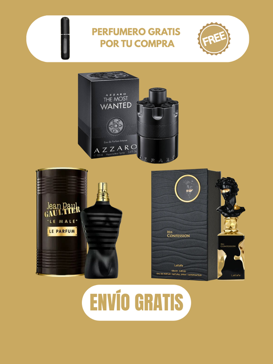 3 PERFUMES + 1 OBSEQUIO (Azzaro TMW intense - His Confesion - Le male le parfum + 1 Perfumero)
