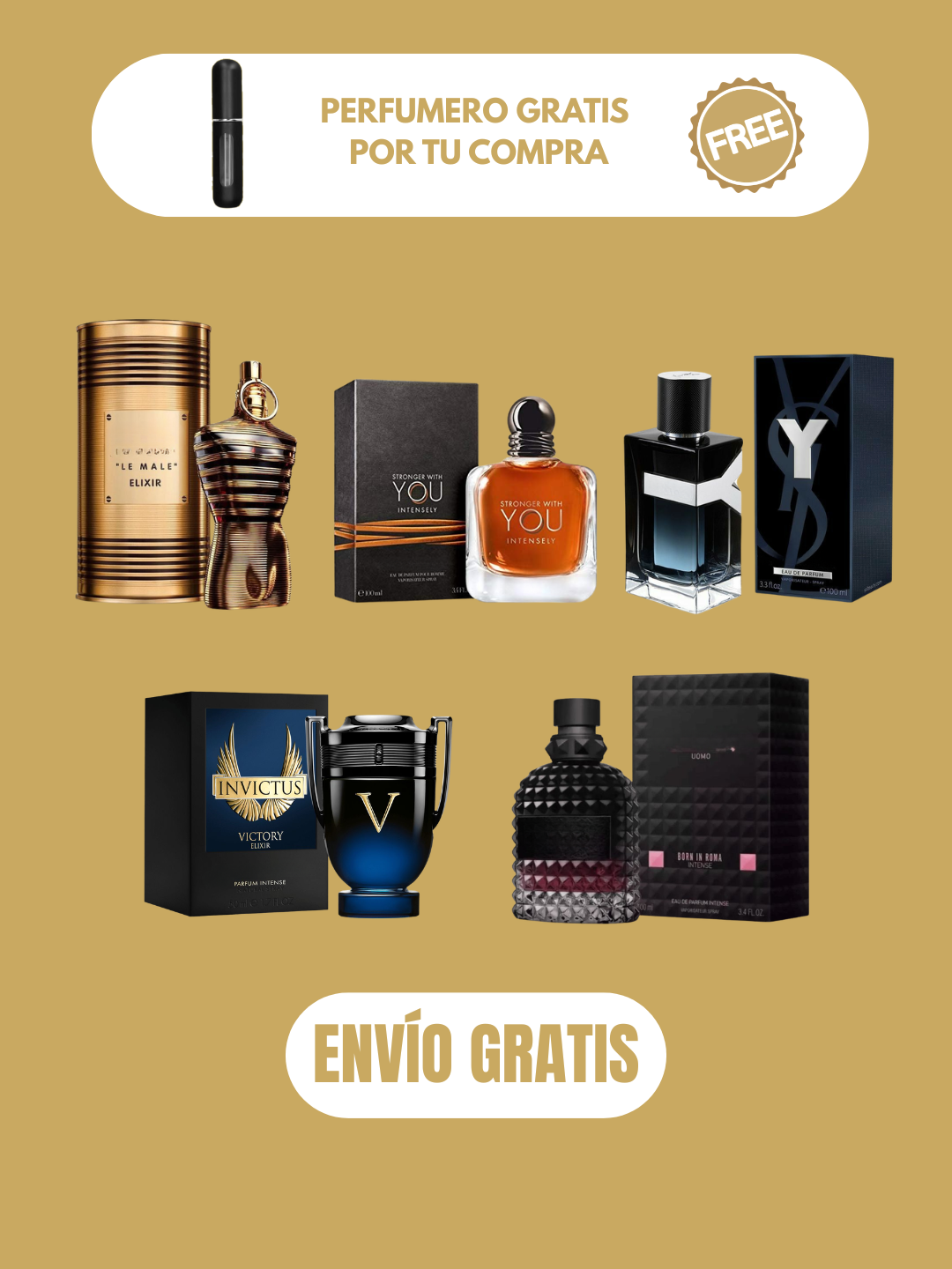 5 PERFUMES + 1 OBSEQUIO (Le male elixir - Stronger Intensely - Y edp Yvest - Invictus Victory Elixir - Born in roma intense + 1 Perfumero)