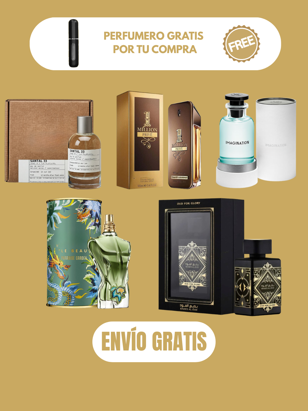 5 PERFUMES + 1 OBSEQUIO (Santal 33 - One Million Prive - Imagination - Paradise Garden - Oud For Glory + 1 Perfumero)