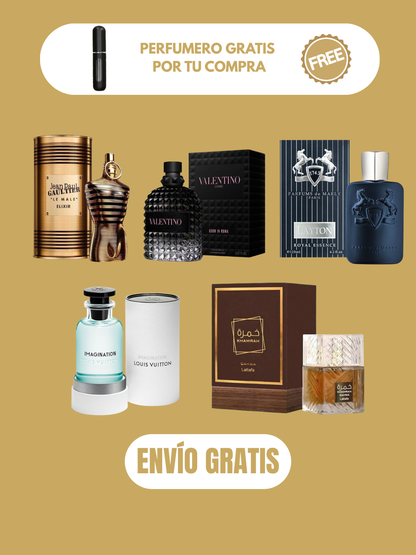 5 PERFUMES + OBSEQUIO (Khamrah Qahwa - Born in roma  - Le male elixir - Layton - Imagination + 3 Perfumero)