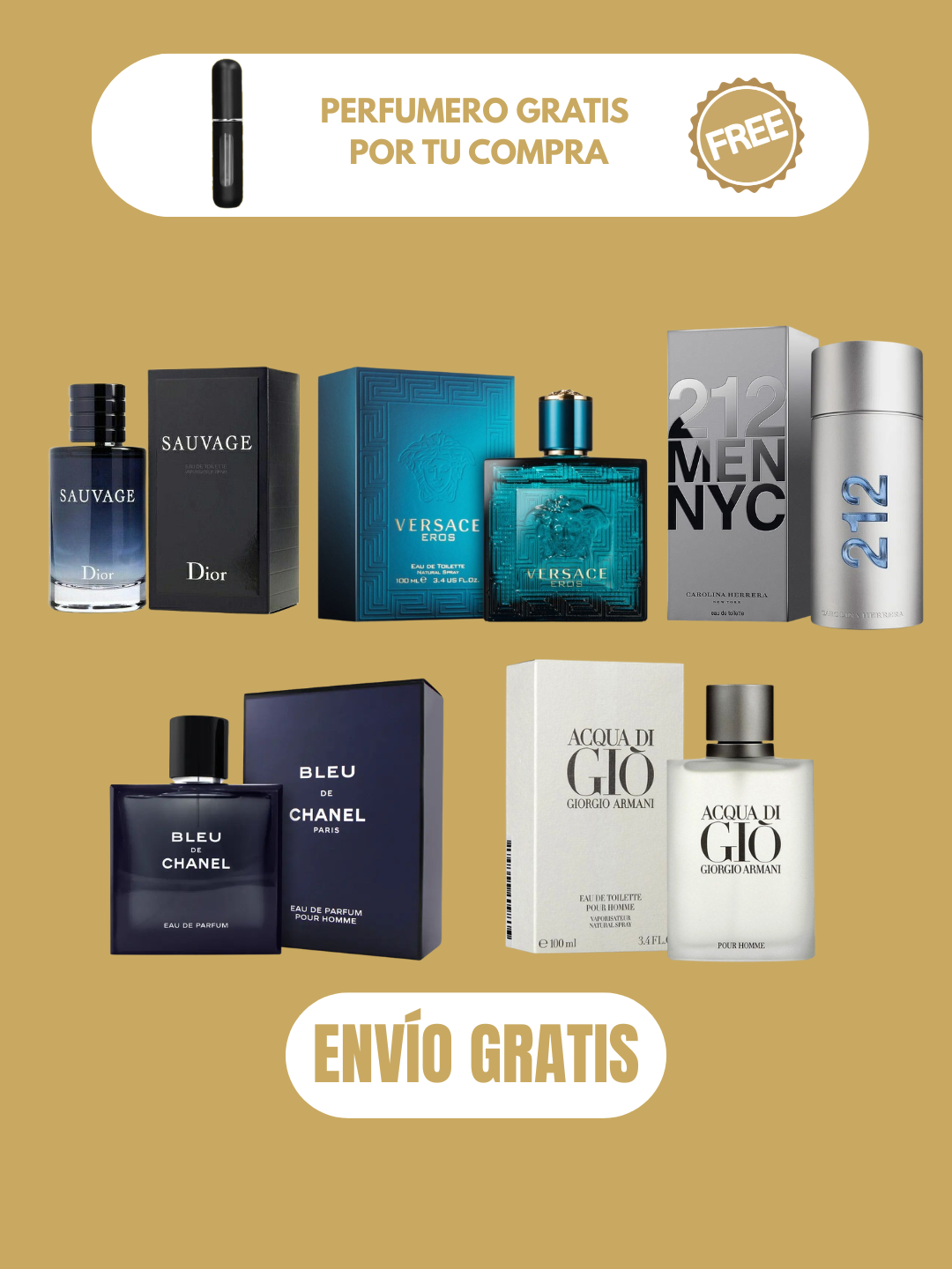 5 PERFUMES + OBSEQUIO (Eros - Aqcua di Gio - Sauvage - Bleu - 212 Men + 2 Perfumeros)