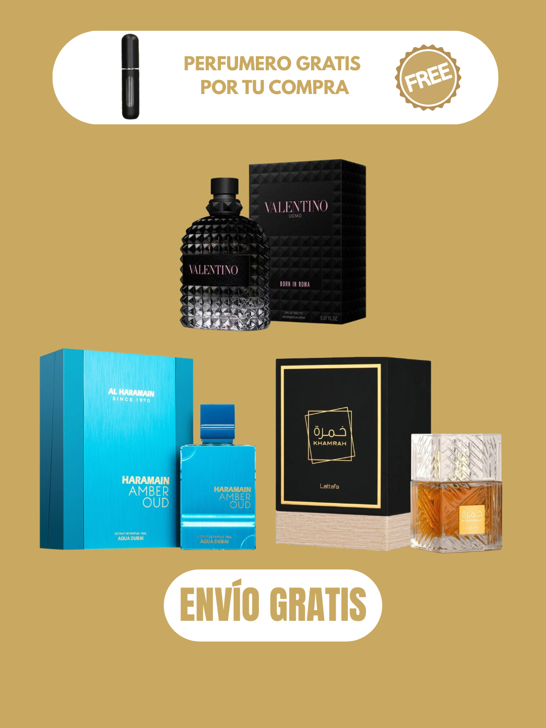 3 PERFUMES + 3 OBSEQUIO (Khamrah - Born in roma - Aqua Dubai Haramain + 3 Perfumero)