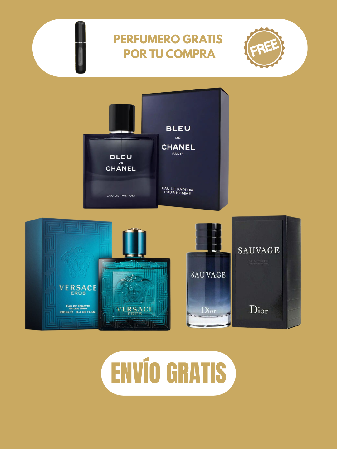 3 PERFUMES + 3 OBSEQUIO (Sauvage - Bleu - Eros - 3 Perfumero)