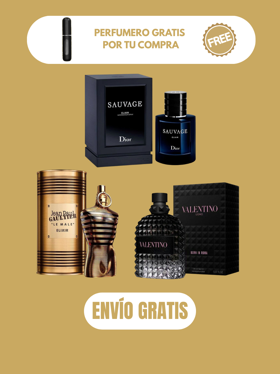 3 PERFUMES + OBSEQUIO (Le male elixir - Sauvage elixir - Born in roma + Perfumero)