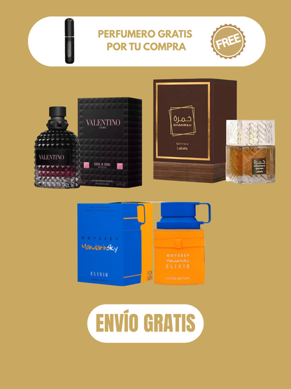 3 PERFUMES + 3 OBSEQUIO (Khamrah Qahwa - Born In Roma Intense - Mandarin Sky Elixir + 3 Perfumero)