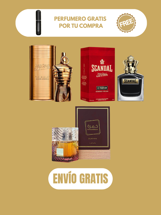 3 PERFUMES + 3 OBSEQUIO (Khamrah Dukhan - Scandal Le Parfum - Le male elixir absolu + 3 Perfumero)