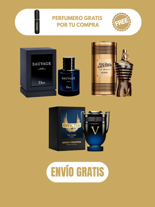3 PERFUMES + 3 OBSEQUIO (Invictus Victory Elixir - Sauvage elixir - Le male elixir + 3 Perfumero)