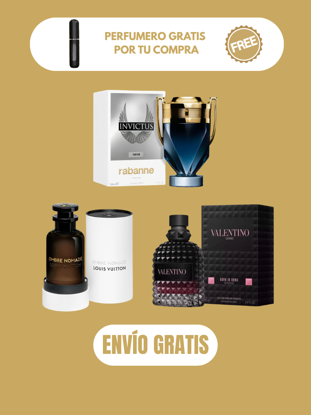 3 PERFUMES + 3 OBSEQUIO (Invictus Parfum - Born In Roma Intense - Ombre Nomade + 3 Perfumero)