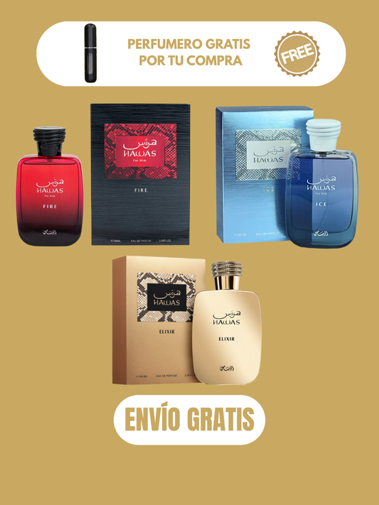 3 PERFUMES + 3 OBSEQUIO (Hawas Ice - Hawas Elixir - Hawas Fire + 3 Perfumero)