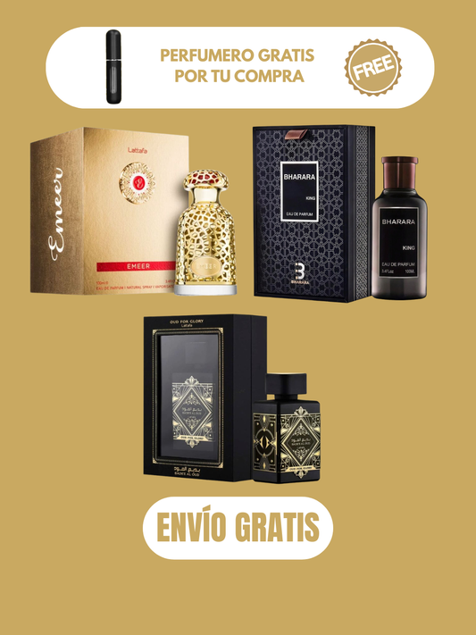 3 PERFUMES + 3 OBSEQUIO (Emeer - Bharara King - Oud For Glory + 3 Perfumero)