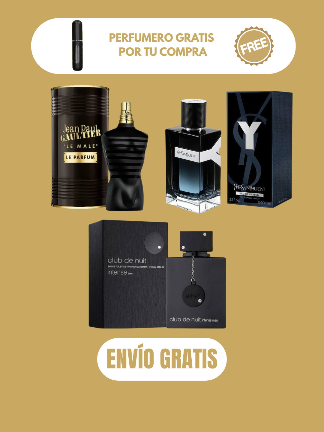 3 PERFUMES + 3 OBSEQUIO (Club de Nuit - Y EDP - Le male Le Parfum + 3 Perfumero)