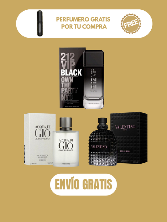 3 PERFUMES + 3 OBSEQUIO (Acqua Di Gio - Born In Roma - 212 Vip Black + 3 Perfumero)
