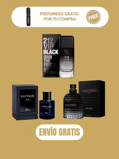 3 PERFUMES + 3 OBSEQUIO (212 Vip Black - Born in roma - Sauvage Elixir + Perfumero)