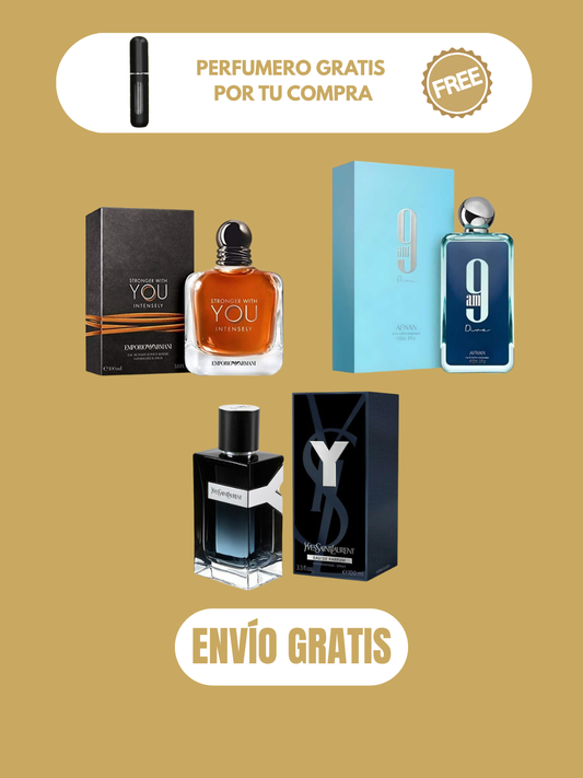 3 PERFUMES + 1 OBSEQUIO (Y edp Yvest - Stronger Intensely - 9am Dive + 1 Perfumero)