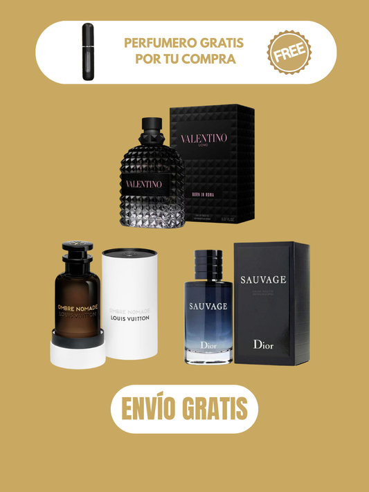 3 PERFUMES + 1 OBSEQUIO (Sauvage - Born In Roma - Ombre Nomade + 1 Perfumero)