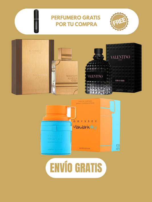3 PERFUMES + 1 OBSEQUIO (Haramain Gold  - Born in roma - Mandarin Sky + 1 Perfumero)