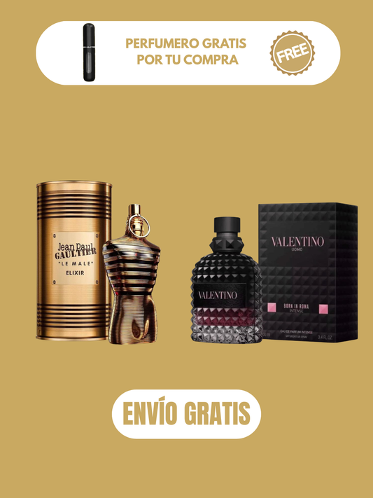 2 PERFUMES + OBSEQUIO (Born in roma intense - Le male elixir + 2 Perfumero)