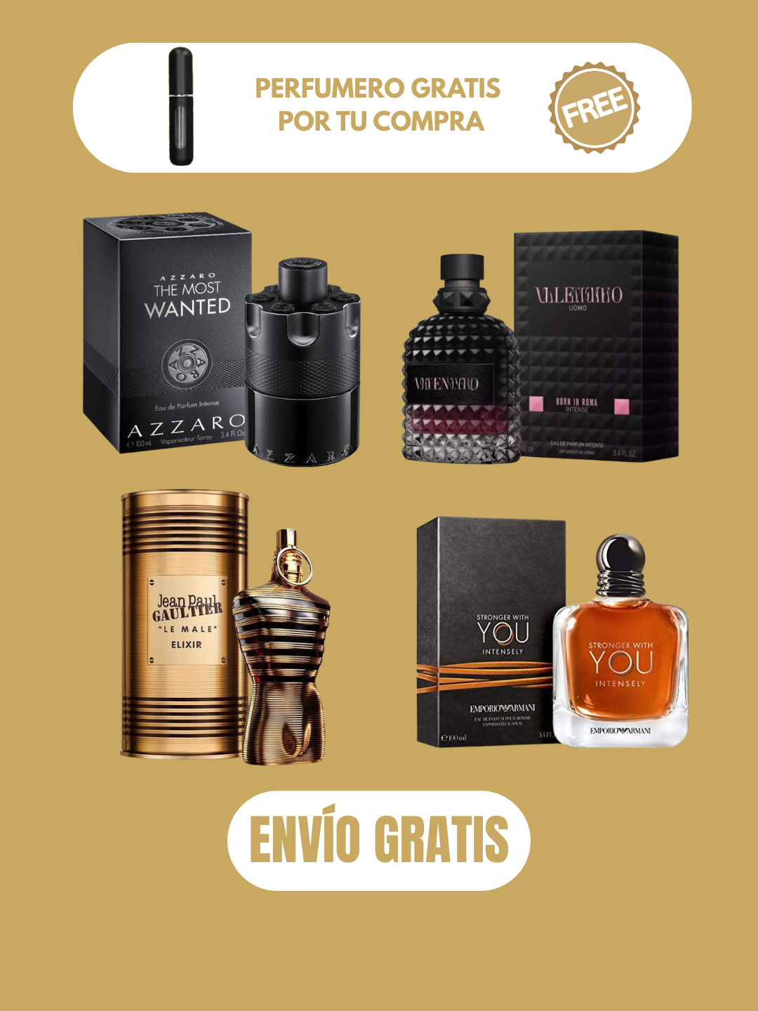 4 PERFUMES + OBSEQUIO (Born In Roma Intense - Stronger Intensely - Le Male Elixir - Azzaro Tmw Edp Intense - 1 Perfumero)