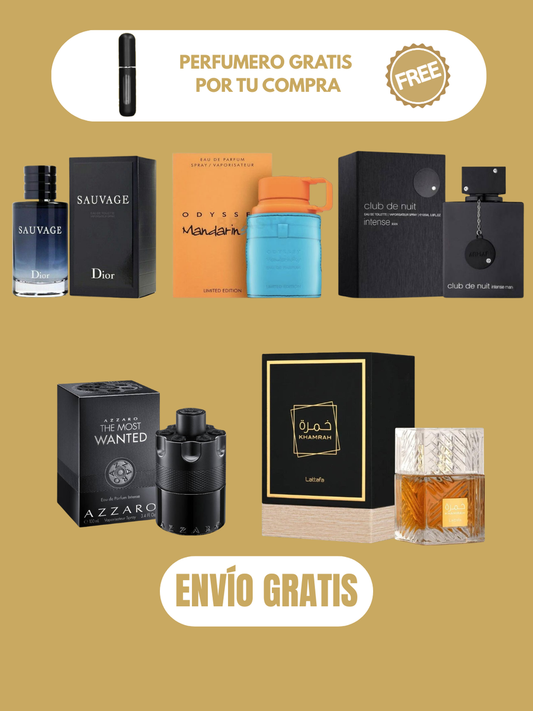 5 PERFUMES + OBSEQUIO (Sauvage - Mandarin Sky - Club de Nuit Men - Azzaro Tmw Edp Intense - Khamrah Estuche - 1 Perfumero)